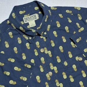 Duluth Trading Button Down Shirt Mens Large Navy Pineapple Print Relaxed Fit